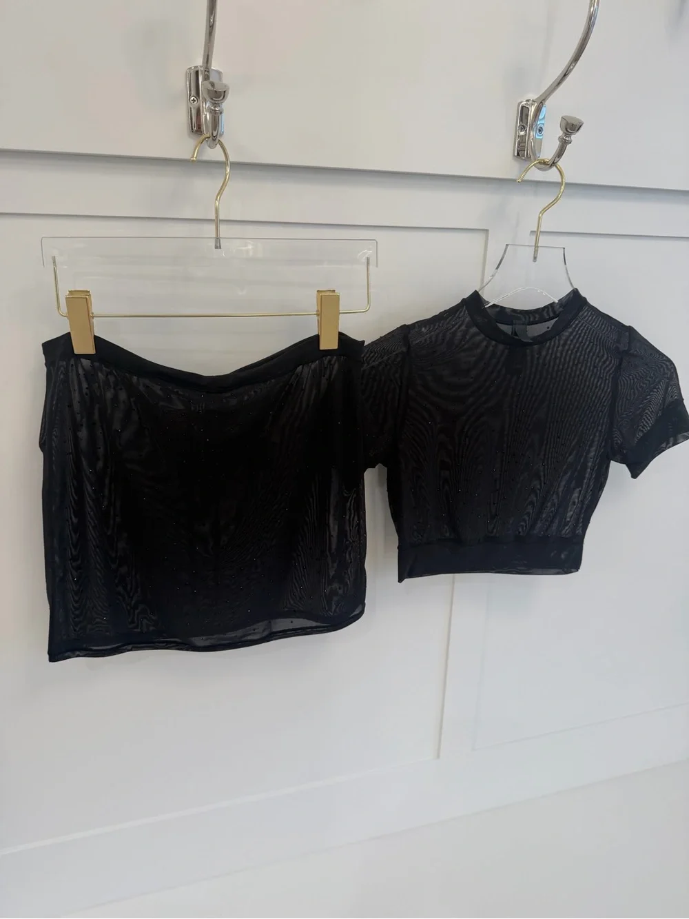 SKIMS Black Sheer Mesh Crop Top and Mini Skirt Set